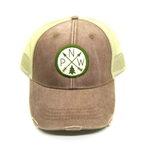 Pacific Northwest Hat - Mud Brown Distressed Snapback Trucker Hat - PNW Arrow Compass