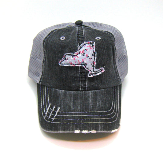 gray distressed trucker hat with gray floral fabric state of New York