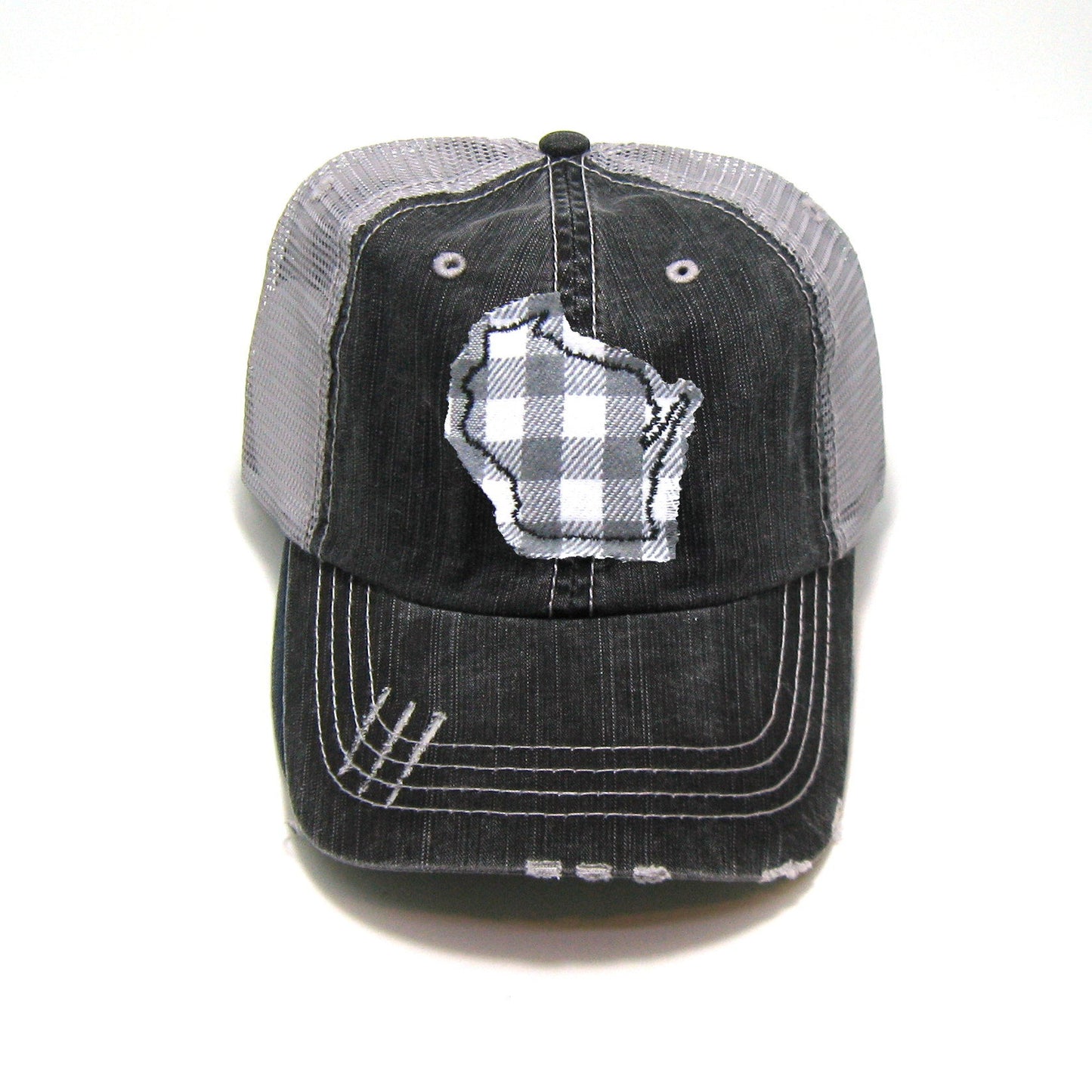 Gray Distressed Trucker Hat - Gray Buffalo Check - All US States
