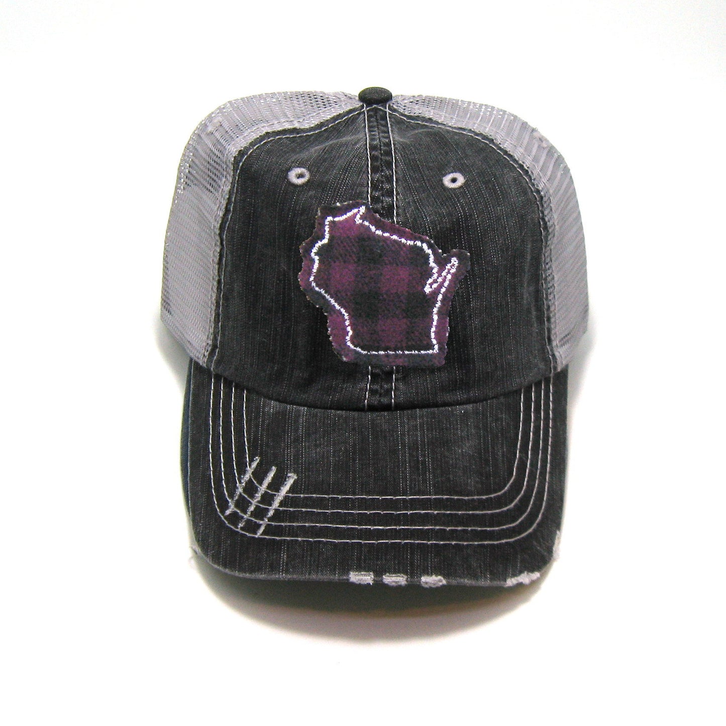 Gray Distressed Trucker Hat - Plum Buffalo Check - All US States
