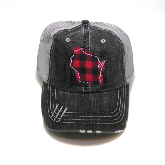 Gray Distressed Trucker Hat - Red Buffalo Check - All US States