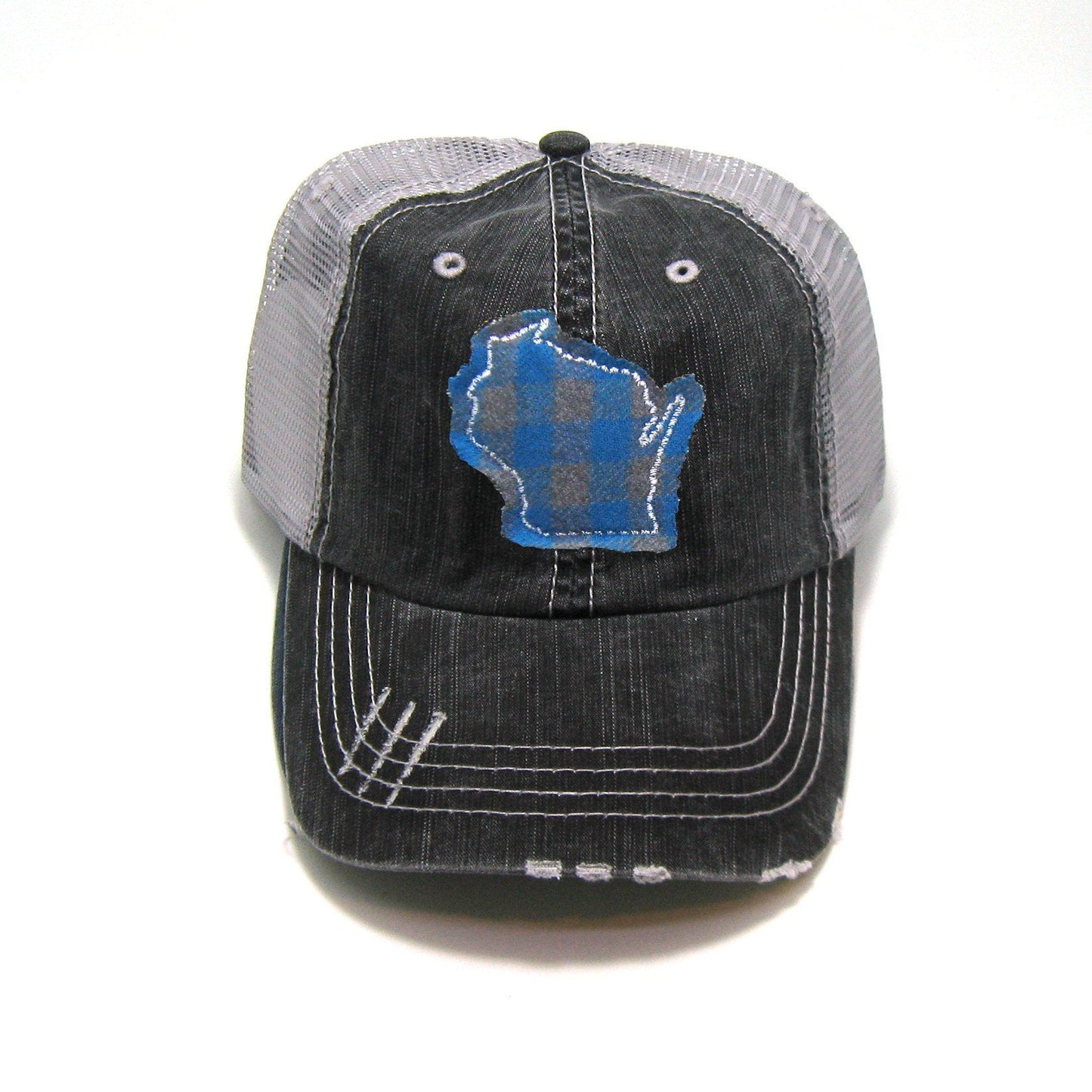 Gray Distressed Trucker Hat - Teal Buffalo Check - All US States