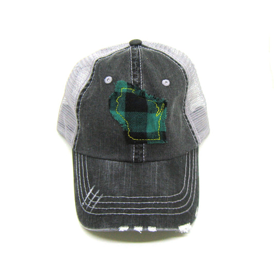 Gray Distressed Trucker Hat - Green Buffalo Check - All US States