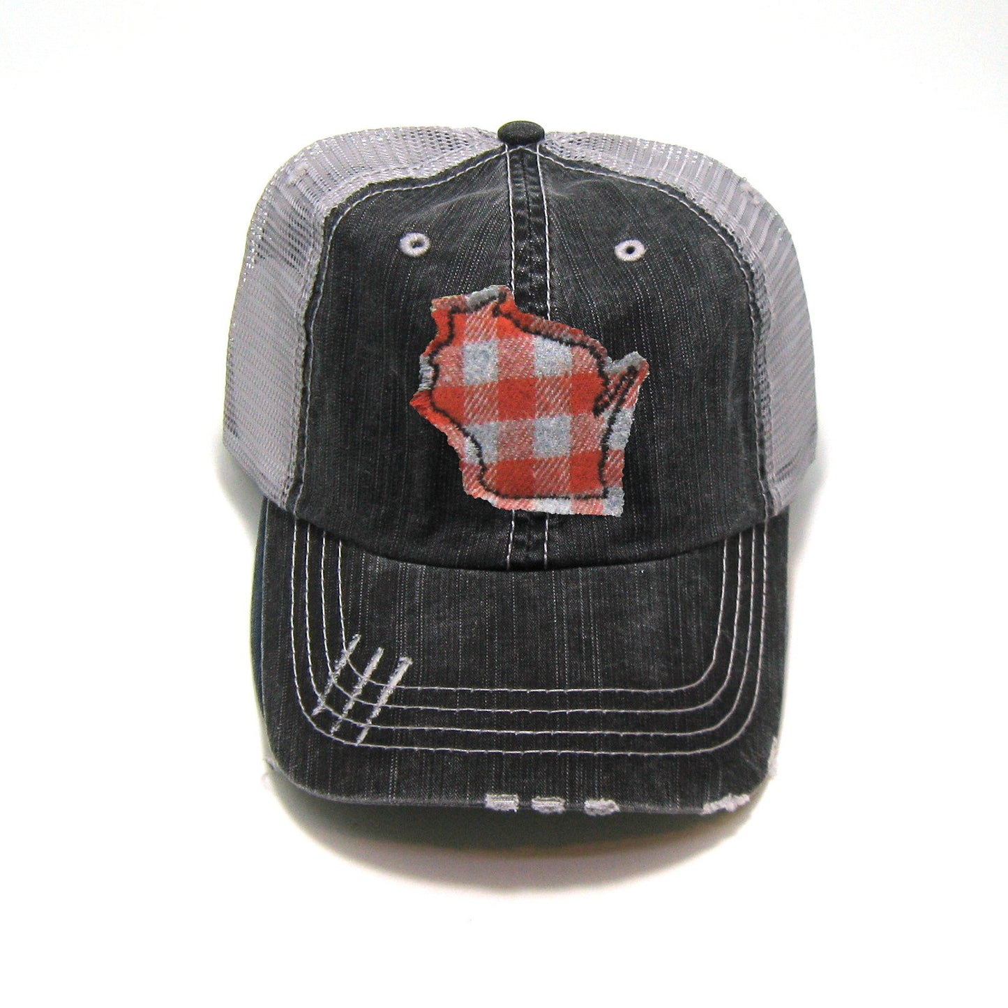 Gray Distressed Trucker Hat - Orange Buffalo Check - All US States