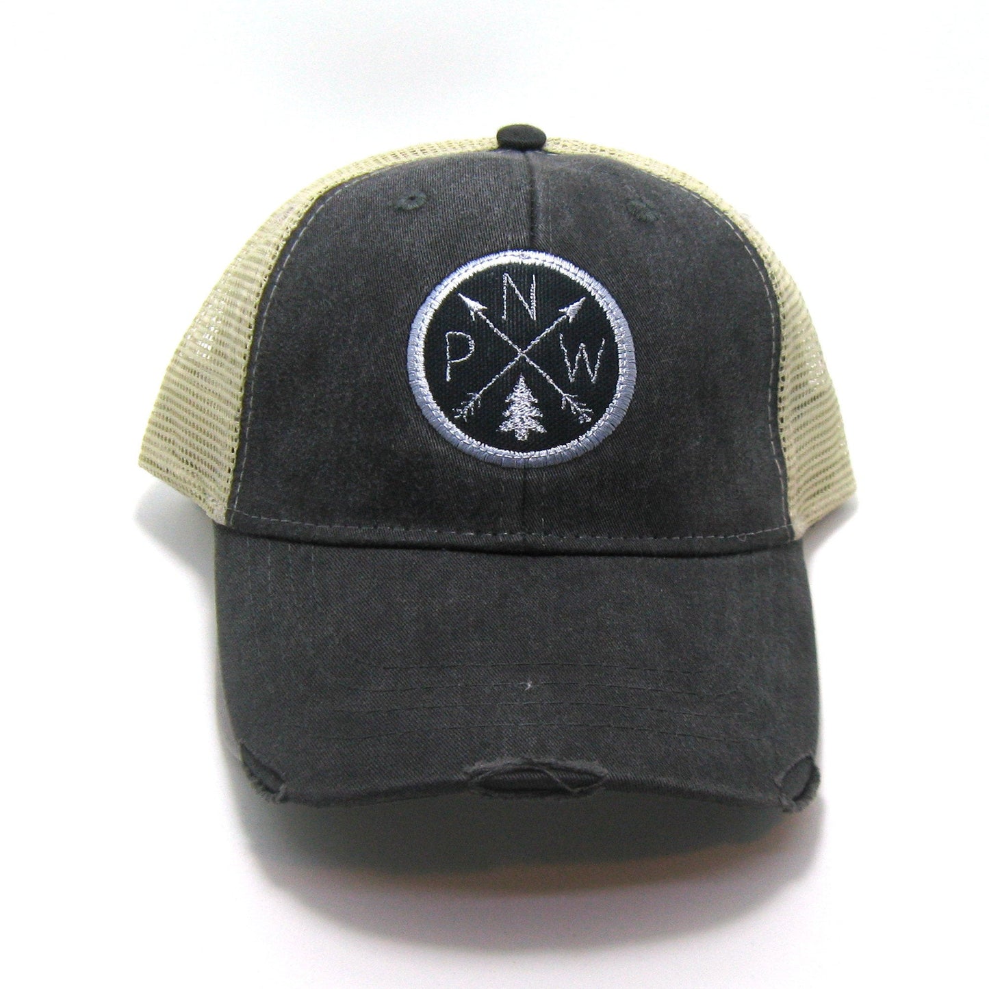 Pacific Northwest Hat - Black Distressed Snapback Trucker Hat - PNW Arrow Compass