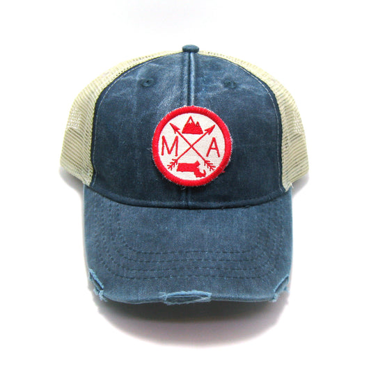 Massachusetts Hat - Distressed Snapback Trucker Hat - Massachusetts Arrow Compass