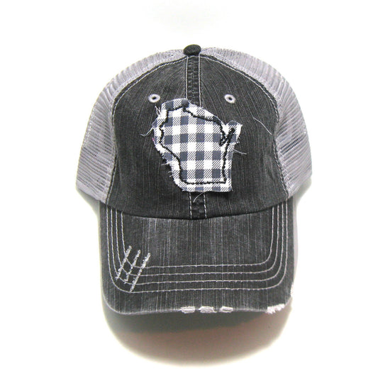 Gray Distressed Trucker Hat - Gray Gingham State Hat - All states available