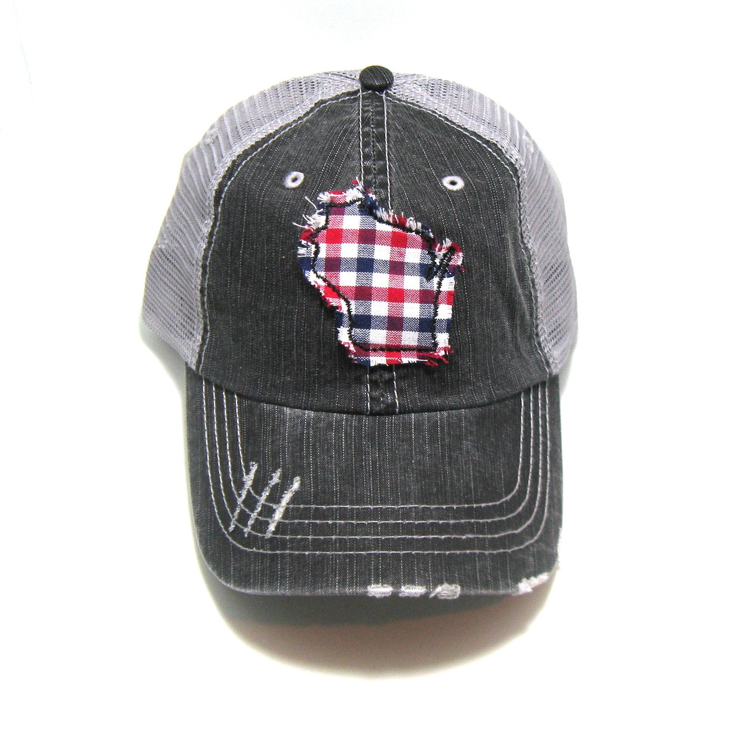 Gray Distressed Trucker Hat - Red White and Blue Gingham State Hat - All states available