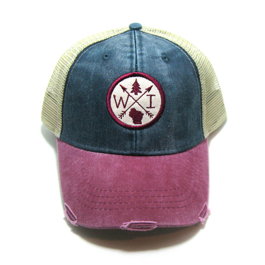 Wisconsin Hat - Navy Red Distressed Snapback Trucker Hat - Wisconsin Patched Arrow Compass
