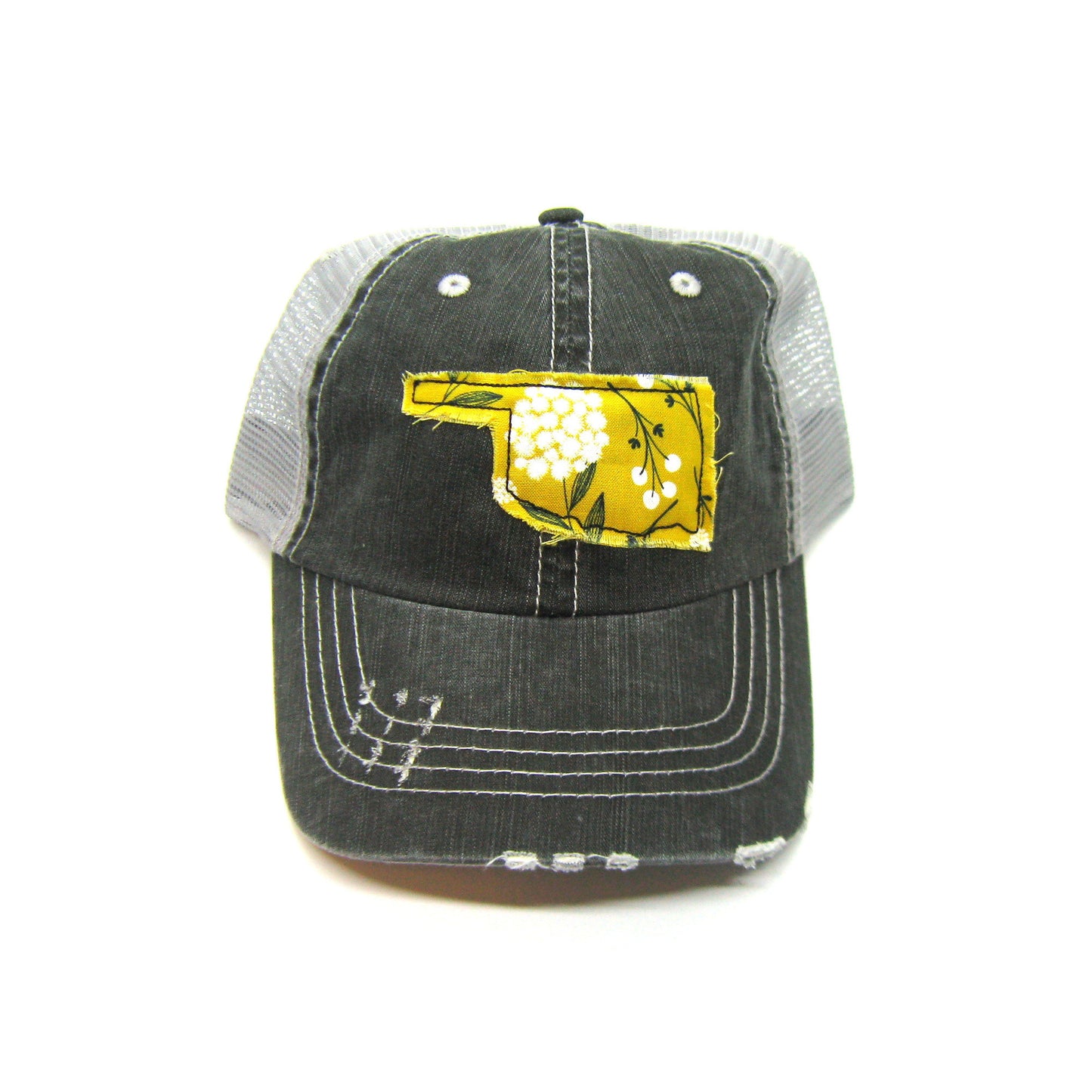 gray distressed trucker hat with gray floral fabric state of Oklahoma