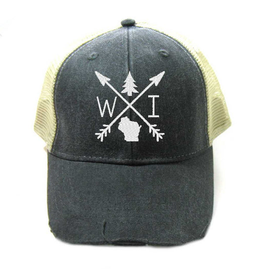 Wisconsin Hat - Distressed Snapback Trucker Hat - Wisconsin Arrow