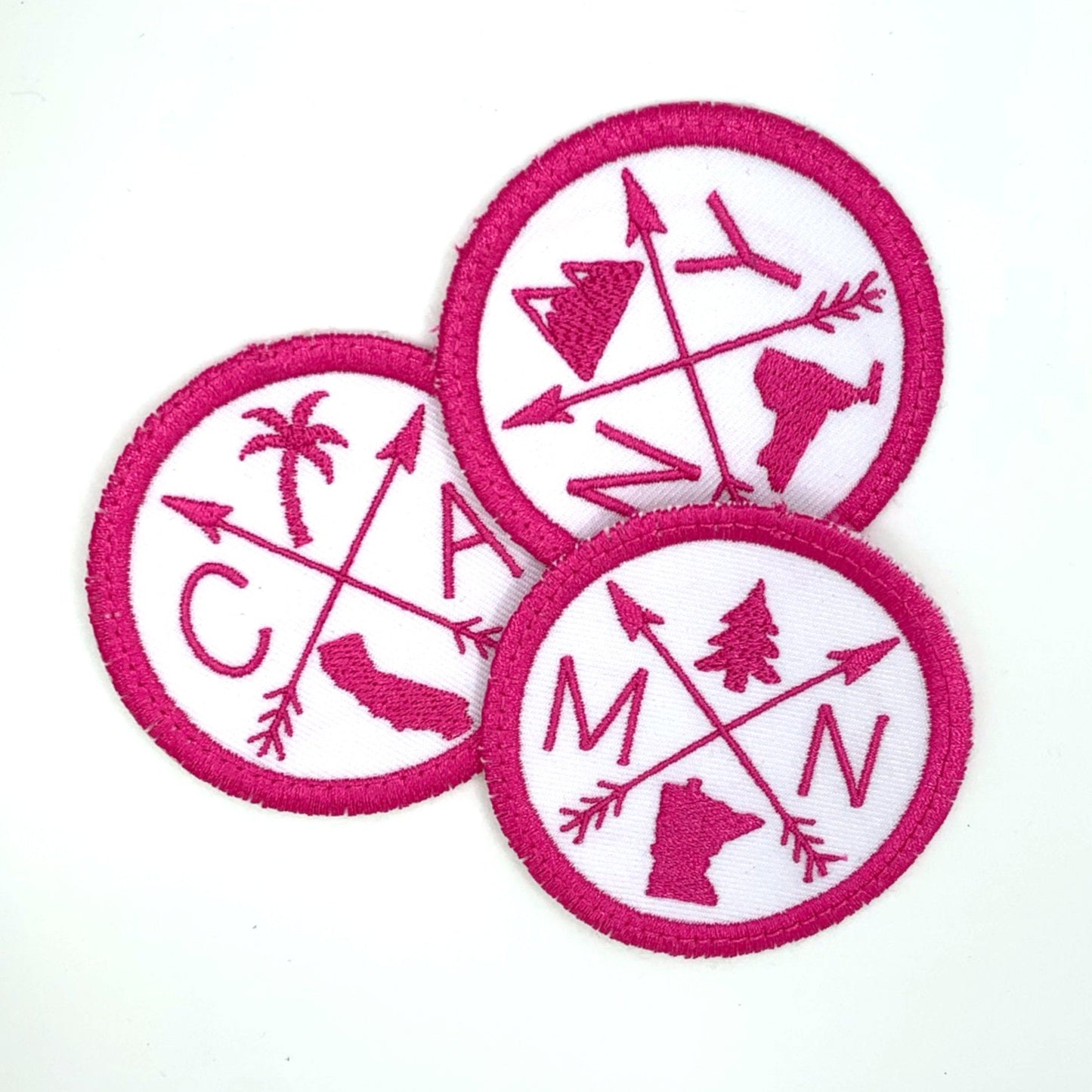 Pick Your State Iron-on Patch - hot pink on white