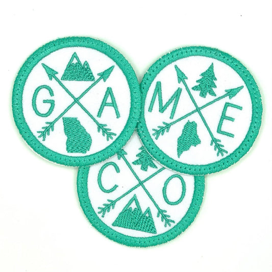 Pick Your State Iron-on Patch - aqua on white