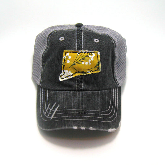 gray distressed trucker hat with gray floral fabric state of Connecticut