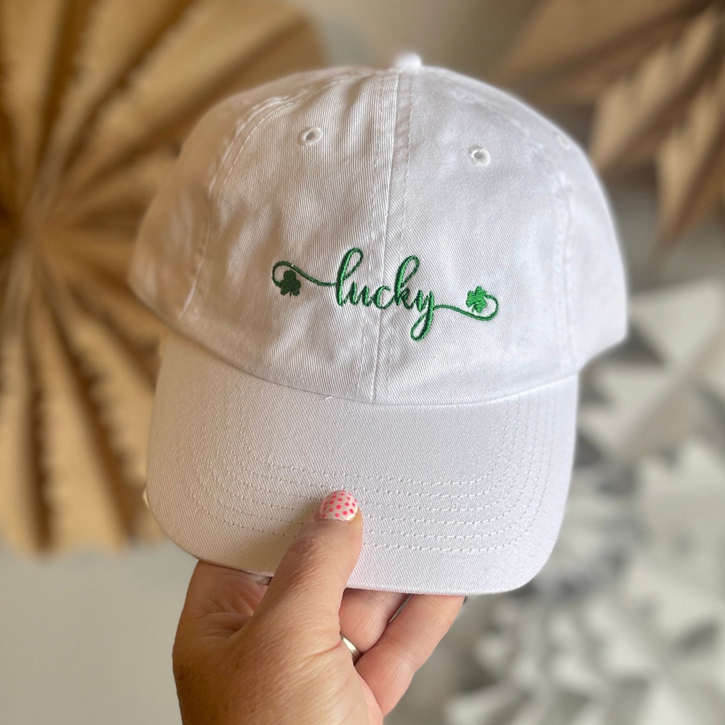 Lucky St. Patrick's Day Embroidered Dad Hat | White Baseball Cap | St. Paddy's Day