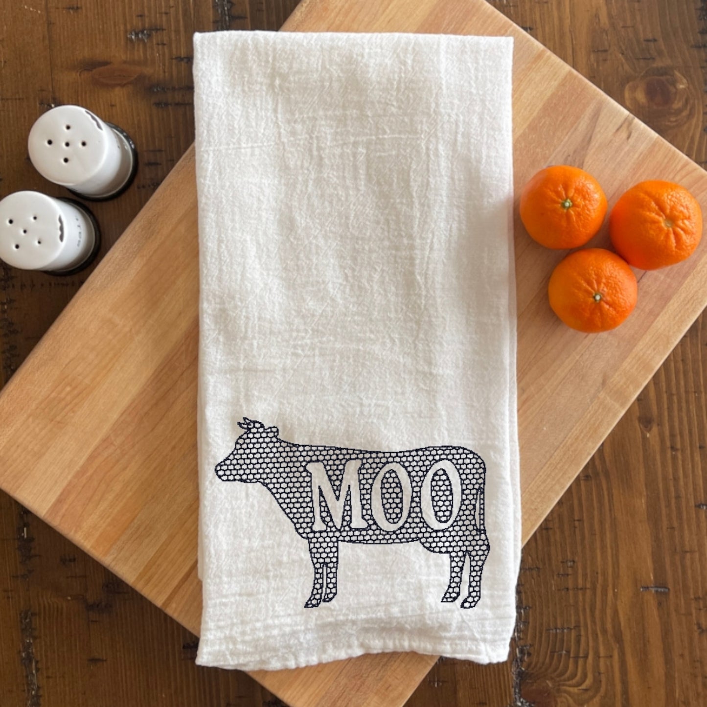 Moo Cow- Embroidered White Tea Towel - Farm Animals