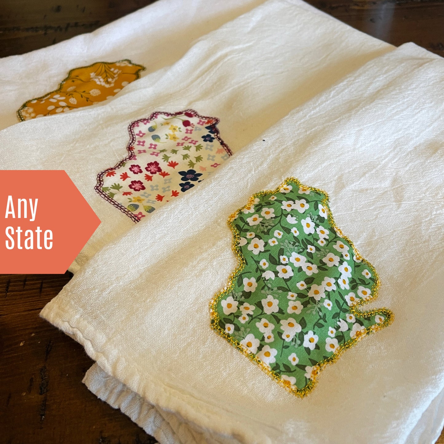 Custom State Applique Embroidered White Tea Towel